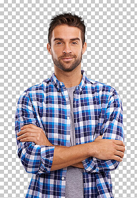 Buy stock photo Portrait, fashion and arms crossed with serious man in a shirt isolated on transparent background for trendy style. Clothes, confidence and casual with handsome or fashionable young male model on PNG