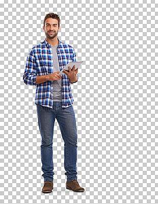 Buy stock photo Isolated young man, tablet and portrait with smile, web communication or transparent png background. Student guy, touchscreen and happy for tech, social media app or typing for learning, game or chat