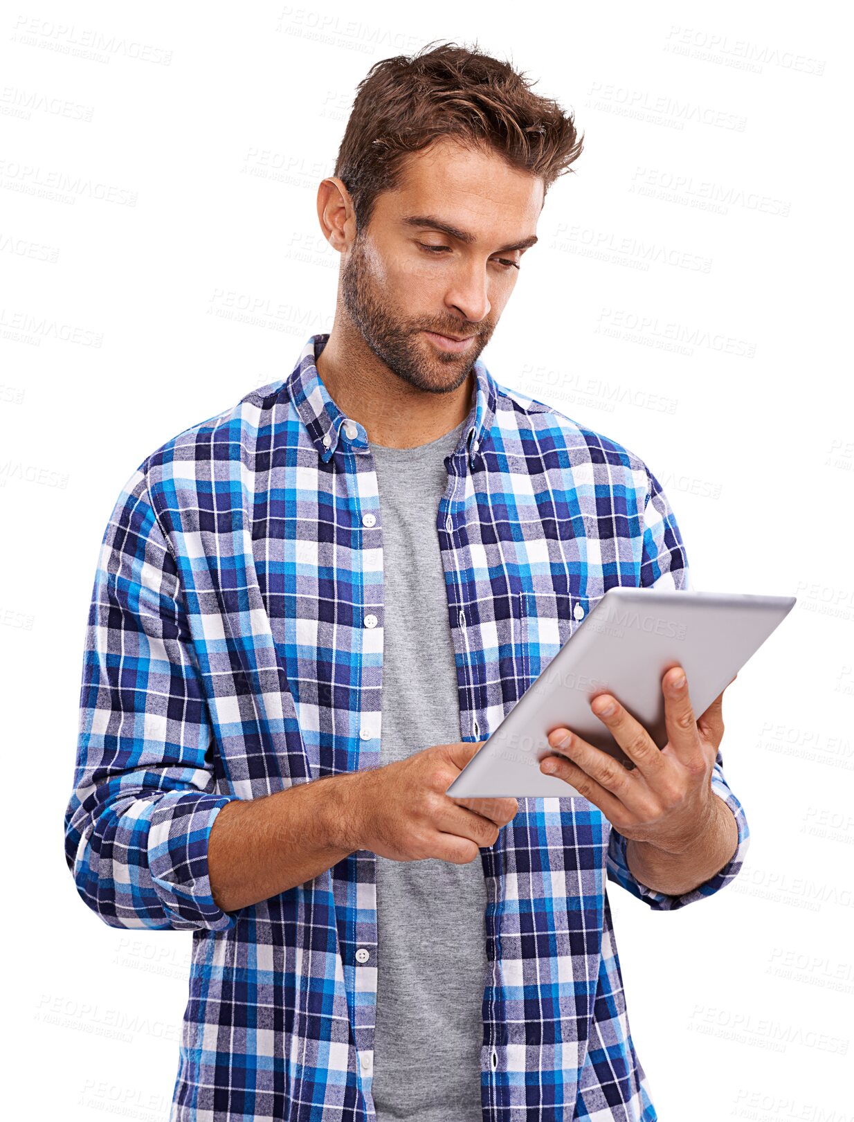 Buy stock photo Isolated man, tablet and reading with typing, research or learning by transparent png background. Student guy, touchscreen and search for social network app, movie or video on web, internet or game
