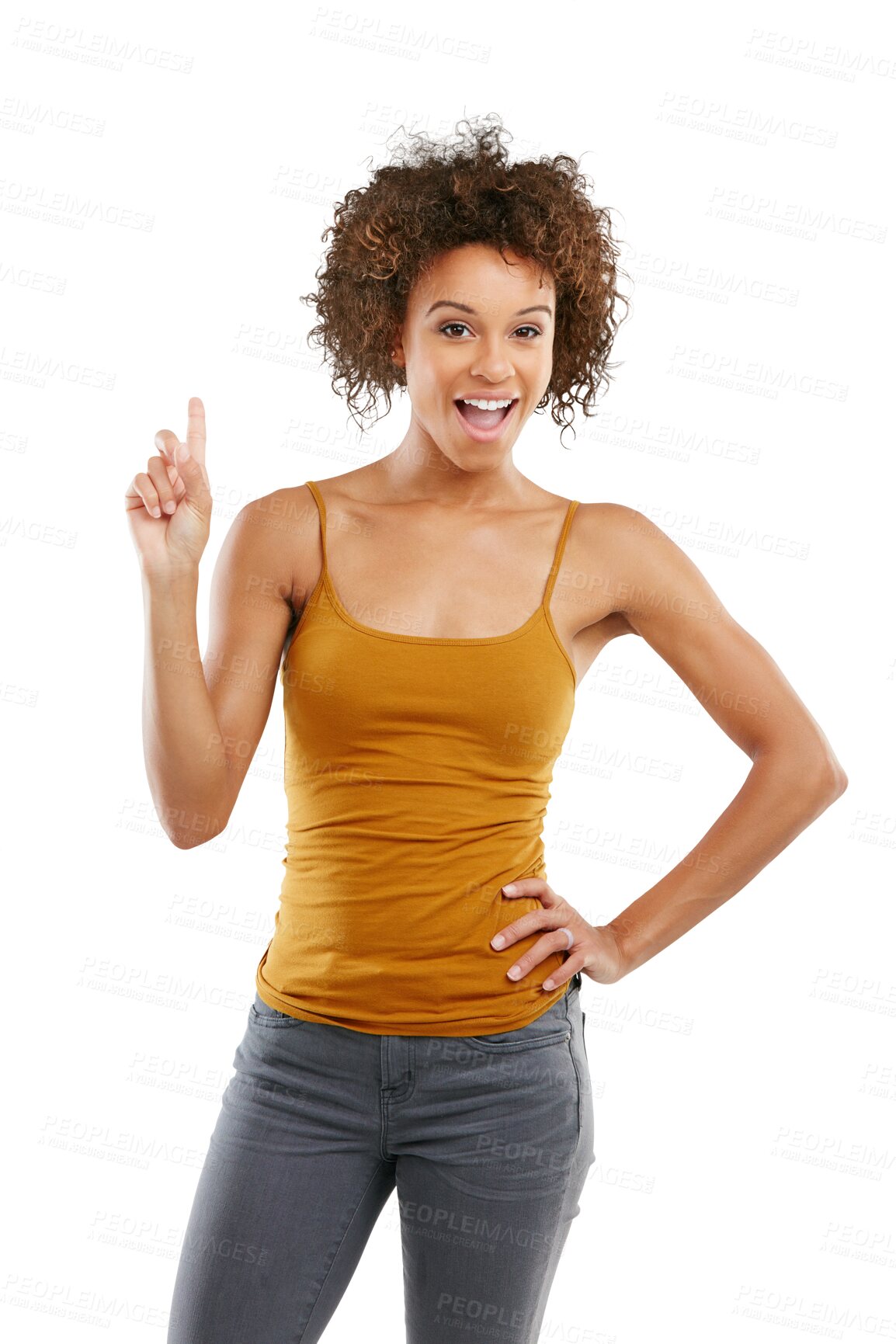 Buy stock photo Marketing, pointing and young woman showing product placement for a promotion or advertising. Happy, excited and African female model with a finger gesture isolated by a transparent png background.