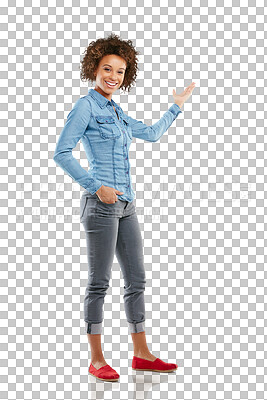 Buy stock photo Fashion portrait, happy and woman palm at clothes sales offer, trendy apparel discount or retail style choice. Promotion, commercial and African person isolated on transparent, png background
