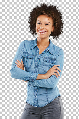 Buy stock photo Fashion, casual and portrait of a woman with crossed arms for confidence with a trendy and stylish outfit. Happy, smile and young female model with cool style isolated by a transparent png background