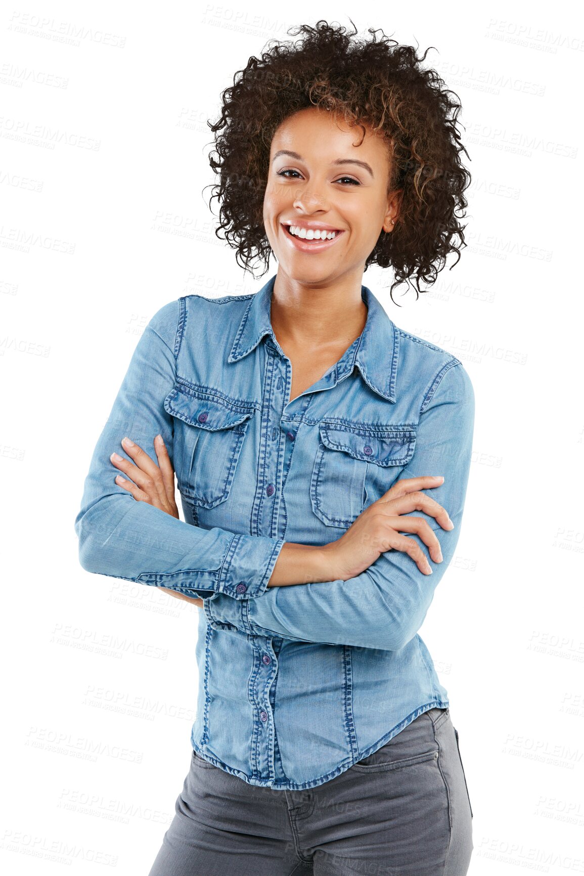 Buy stock photo Fashion, casual and portrait of a woman with crossed arms for confidence with a trendy and stylish outfit. Happy, smile and young female model with cool style isolated by a transparent png background