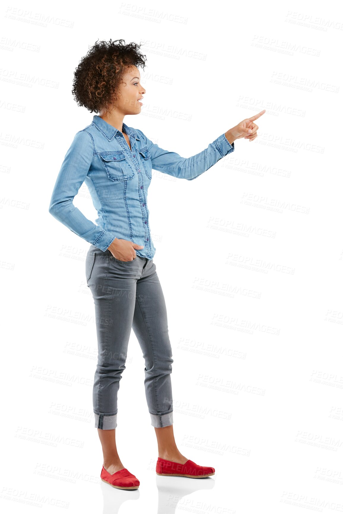Buy stock photo Fashion, profile and woman point gesture at clothes sales offer, trendy apparel discount or stylish retail advertisement. Style, advertising and African person isolated on transparent, png background