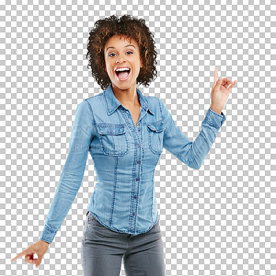 Buy stock photo Portrait, pointing and woman excited, decision and promotion isolated against a transparent background. Female person, girl and model with hand gesture, opportunity and choice with png and decisions