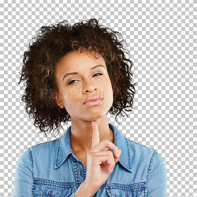 Buy stock photo Doubt woman, face and thinking with idea in problem solving isolated on a transparent PNG background. Curious female person with finger on chin, think or choice for decision, ideas or solution