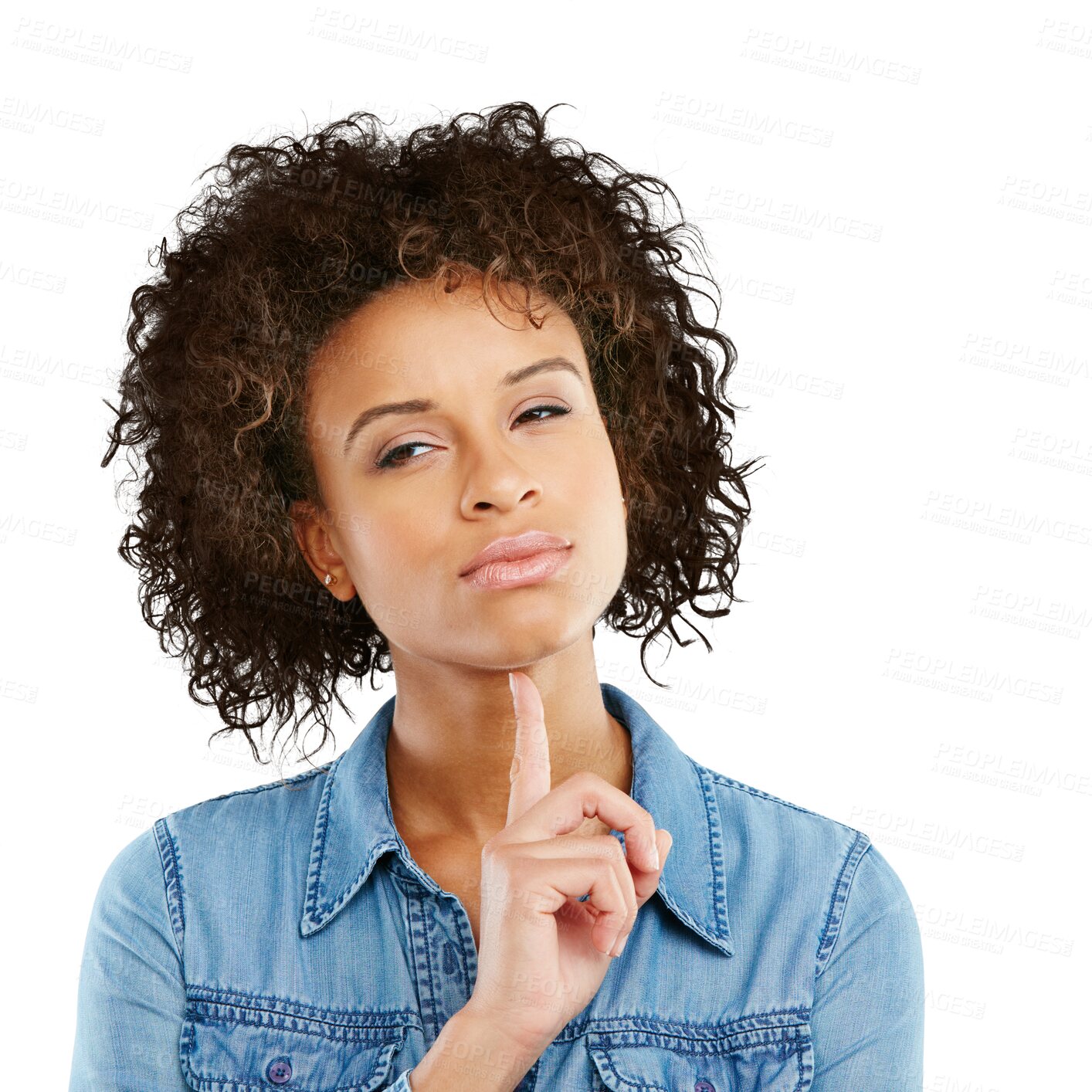 Buy stock photo Doubt woman, face and thinking with idea in problem solving isolated on a transparent PNG background. Curious female person with finger on chin, think or choice for decision, ideas or solution