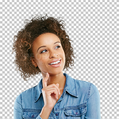 Buy stock photo Happy woman, face and smile for thinking in problem solving isolated on a transparent PNG background. Thoughtful female person smiling and finger in doubt, choice or decision plan for solution idea