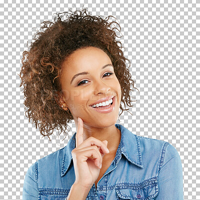 Buy stock photo Happy woman, portrait smile and teeth for idea or solution isolated on a transparent PNG background. African female person or model smiling and finger on face for dental care and tooth whitening