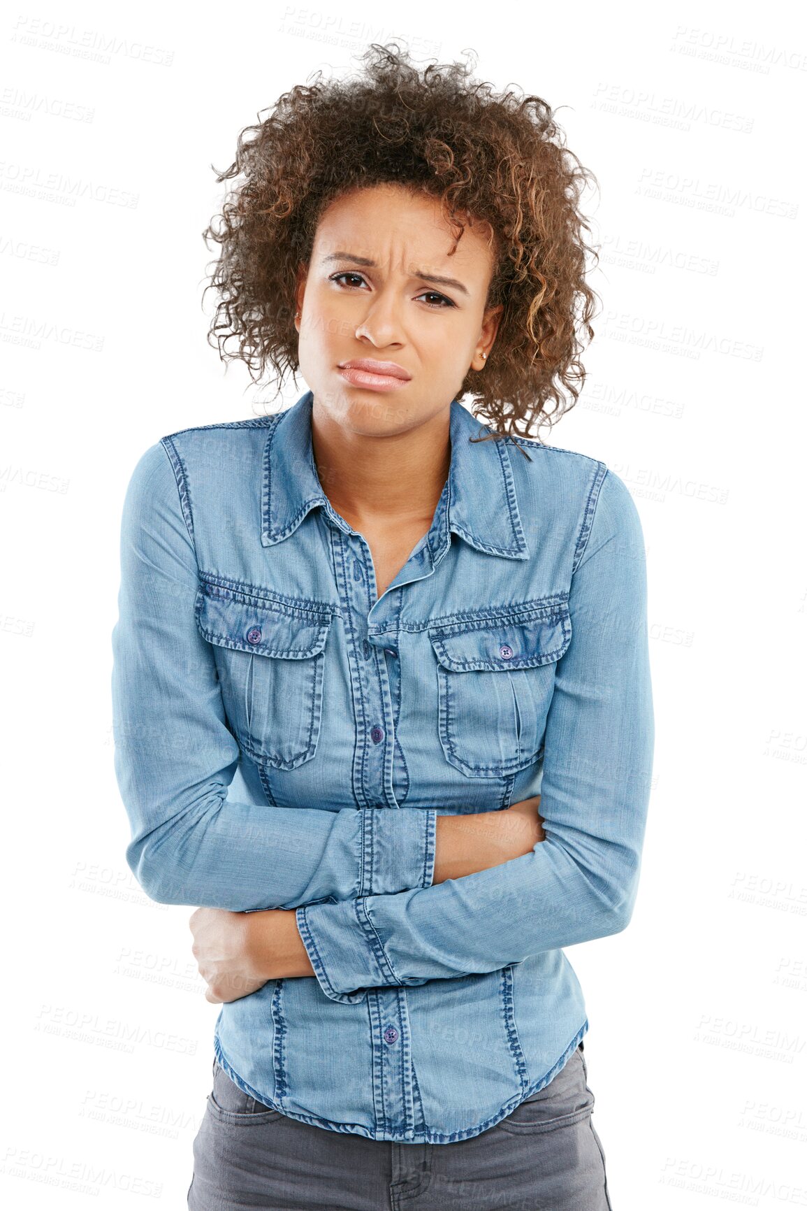 Buy stock photo Pain, portrait of a woman holding her stomach for pain and isolated against a transparent png background. Gut health or uncomfortable, sick abdomen or period cramps and young female person with PMS 