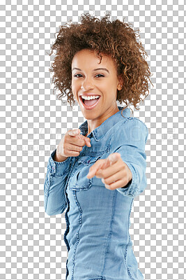 Buy stock photo Portrait, excited and woman pointing to you isolated on a transparent png background. Direction, hand gesture and African female person with emoji, decision or offer, opportunity and choice of winner