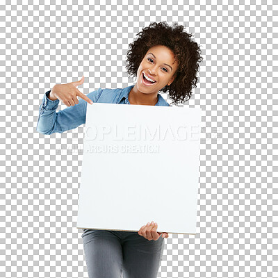 Buy stock photo Pointing, woman and poster or paper mockup isolated on transparent, png background. Portrait of happy african person with banner, billboard or advertising promotion, announcement or information space