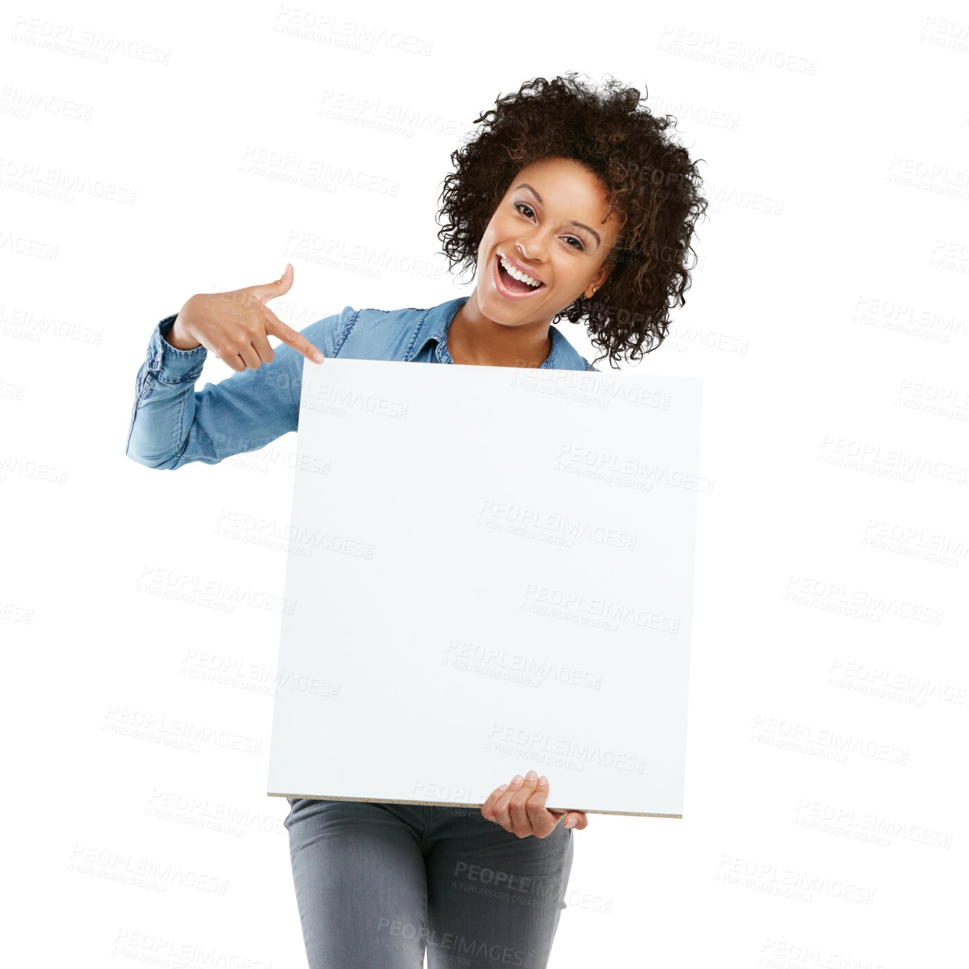 Buy stock photo Pointing, woman and poster or paper mockup isolated on transparent, png background. Portrait of happy african person with banner, billboard or advertising promotion, announcement or information space
