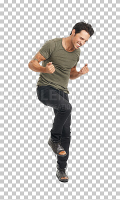 Buy stock photo Excited winner, happiness and man celebrate success achievement, winning competition or giveaway win. Celebration, victory jump and person happy for good news isolated on transparent, png background