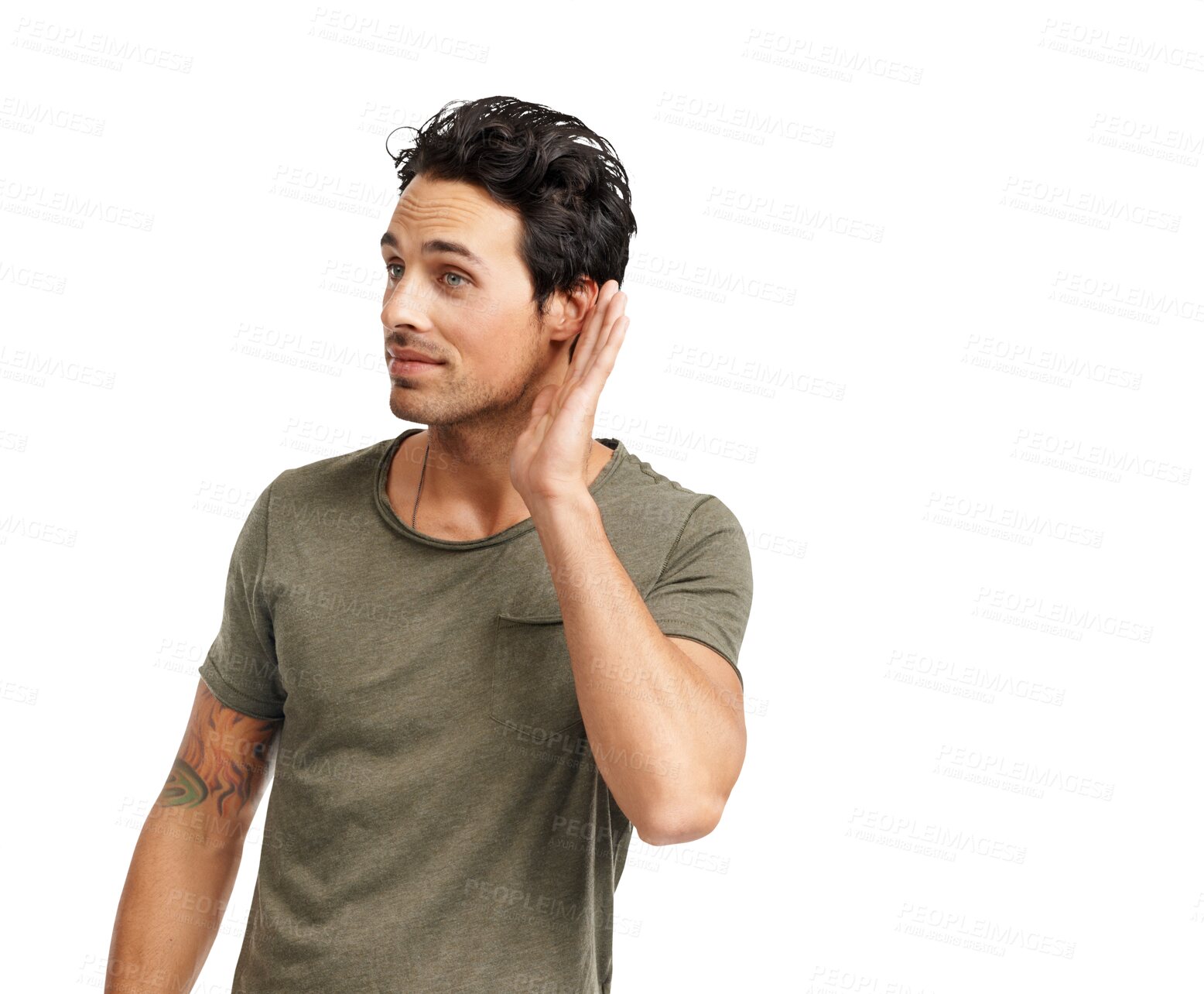 Buy stock photo Secret, listening and man touching his ear for gossip or conversation with confidence and casual style. Hand, talking and young male model with listen gesture isolated by a transparent png background