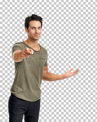 Buy stock photo Pointing finger, you and advertising portrait of a man isolated on a transparent, png background. Casual fashion, motivation and happy male person with hand palm and space for choice or announcement
