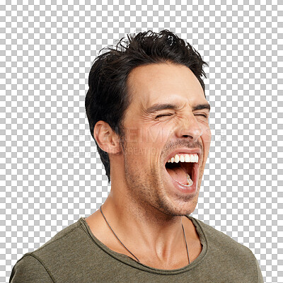 Buy stock photo Young man, face and screaming for crazy announcement standing isolated on a transparent PNG background. Male person or model yelling or shouting for motivation in success, achievement or good news