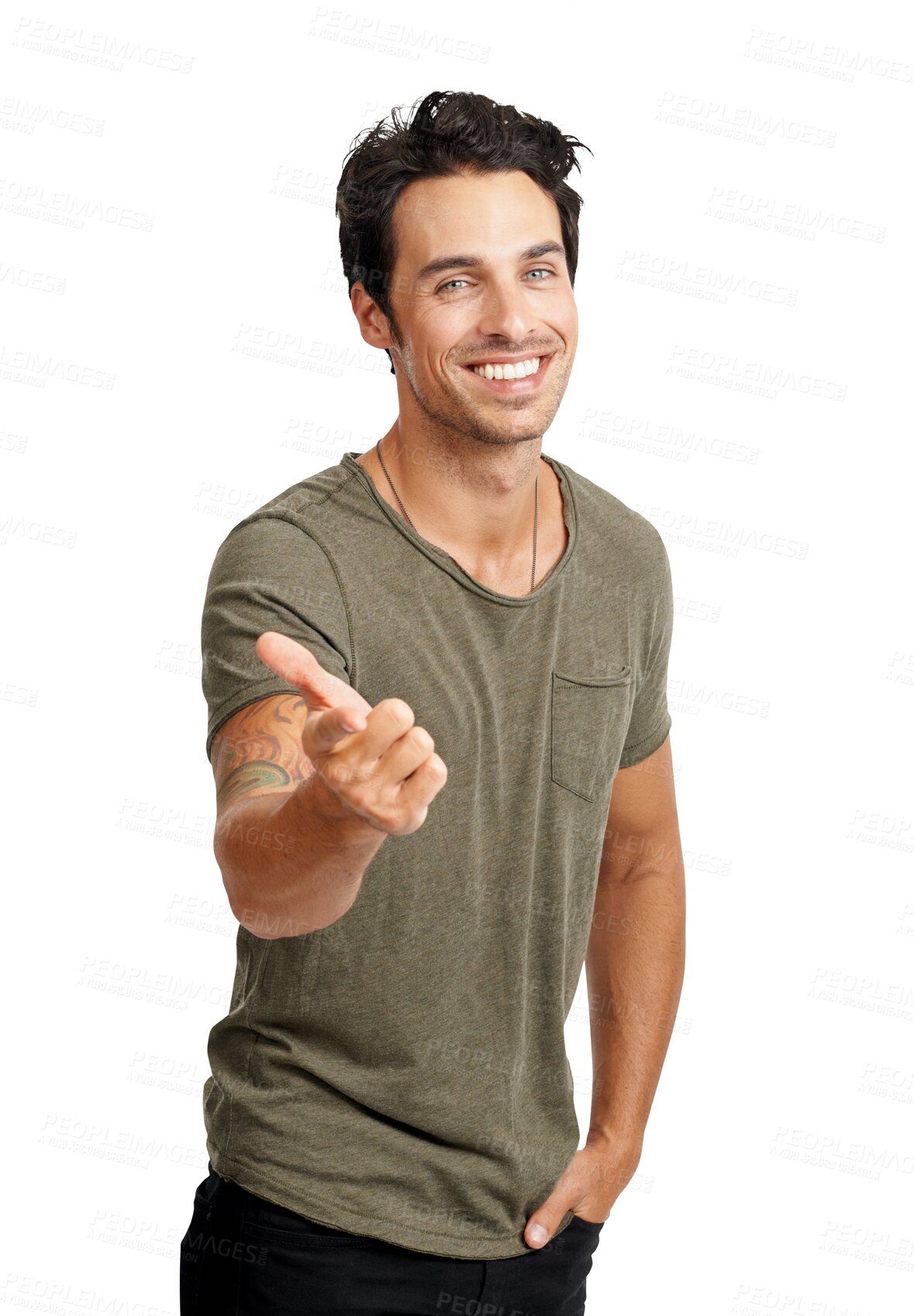 Buy stock photo Happy, advertising and pointing at you portrait of a man isolated on a transparent, png background. Casual fashion, motivation and male person with hand sign or emoji for choice, vote or announcement