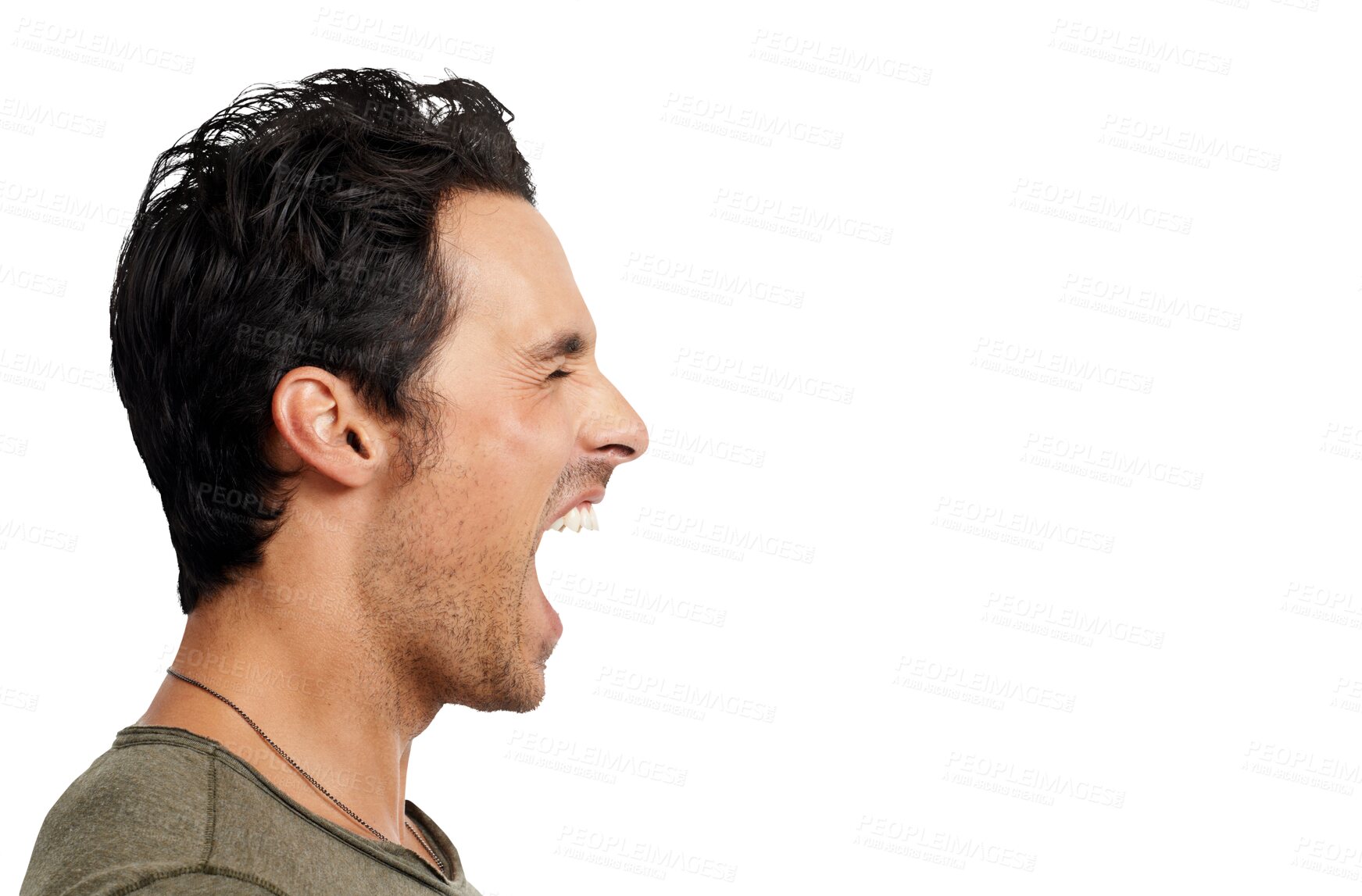 Buy stock photo Man, face profile and screaming, frustrated and angry with stress relief isolated on transparent png background. Male person with anger, loud voice and reaction, shout with trauma and mental health