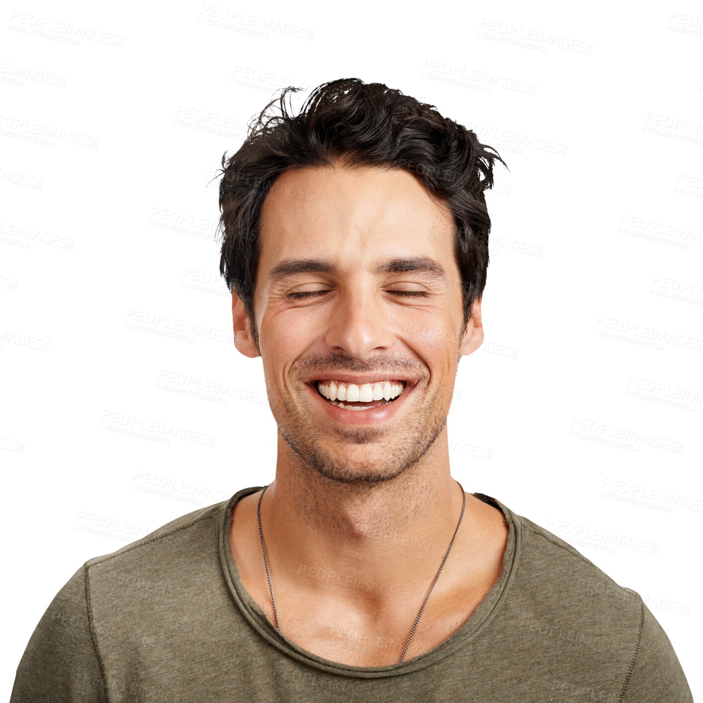 Buy stock photo Isolated man, eyes closed and smile with thinking, ideas and happy memory by transparent png background. Student guy, brainstorming and imagine with happiness, remember or excited for future vision