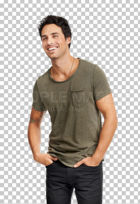 Buy stock photo Happy, fashion and casual with a handsome man isolated on a transparent background for trendy clothing style. Smile, clothes and carefree with a relaxed or confident handsome young male model on PNG