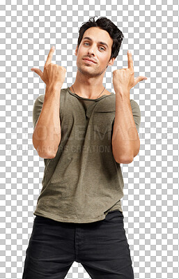 Buy stock photo Portrait, man and pointing hands for advertising, marketing or gesture for branding on isolated, transparent or PNG background. Finger guns, showing or person sign for choice, option or announcement