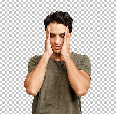 Buy stock photo Headache, tired and young man stress, mental health problem or worried of mistake, news or college results. Migraine, pain and person or student with depression isolated on transparent png background