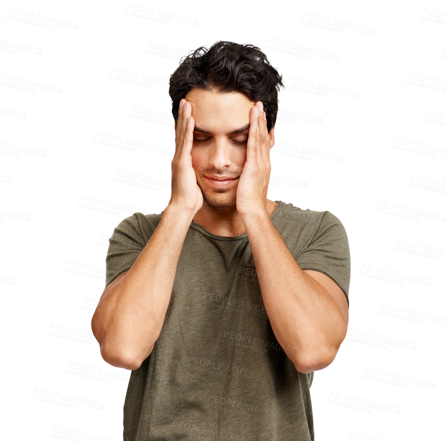 Buy stock photo Headache, tired and young man stress, mental health problem or worried of mistake, news or college results. Migraine, pain and person or student with depression isolated on transparent png background