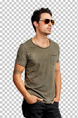 Buy stock photo Cool, thinking and a man with sunglasses for fashion, style and confidence. Serious, ideas and a stylish and trendy person or male model with casual glasses isolated on a transparent png background