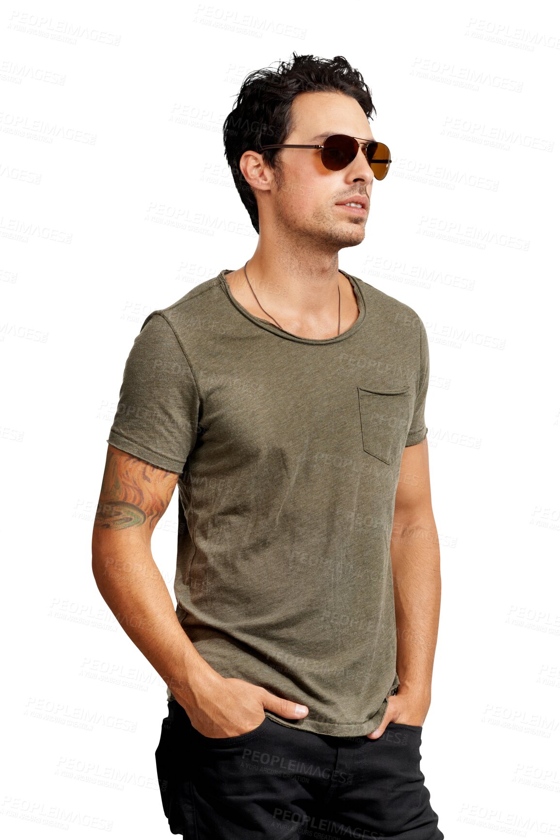 Buy stock photo Cool, thinking and a man with sunglasses for fashion, style and confidence. Serious, ideas and a stylish and trendy person or male model with casual glasses isolated on a transparent png background