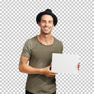 Buy stock photo Happy man, portrait smile and poster for advertising standing isolated on a transparent PNG background. Male person or model smiling in casual clothing and billboard sign or placard for advertisement