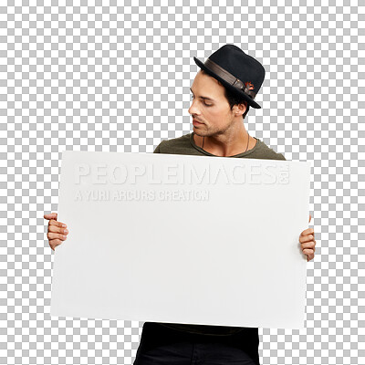 Buy stock photo Man, billboard and sign for advertising or marketing standing isolated on a transparent PNG background. Male person or model posing with blank poster or empty placard for advertisement or copy space