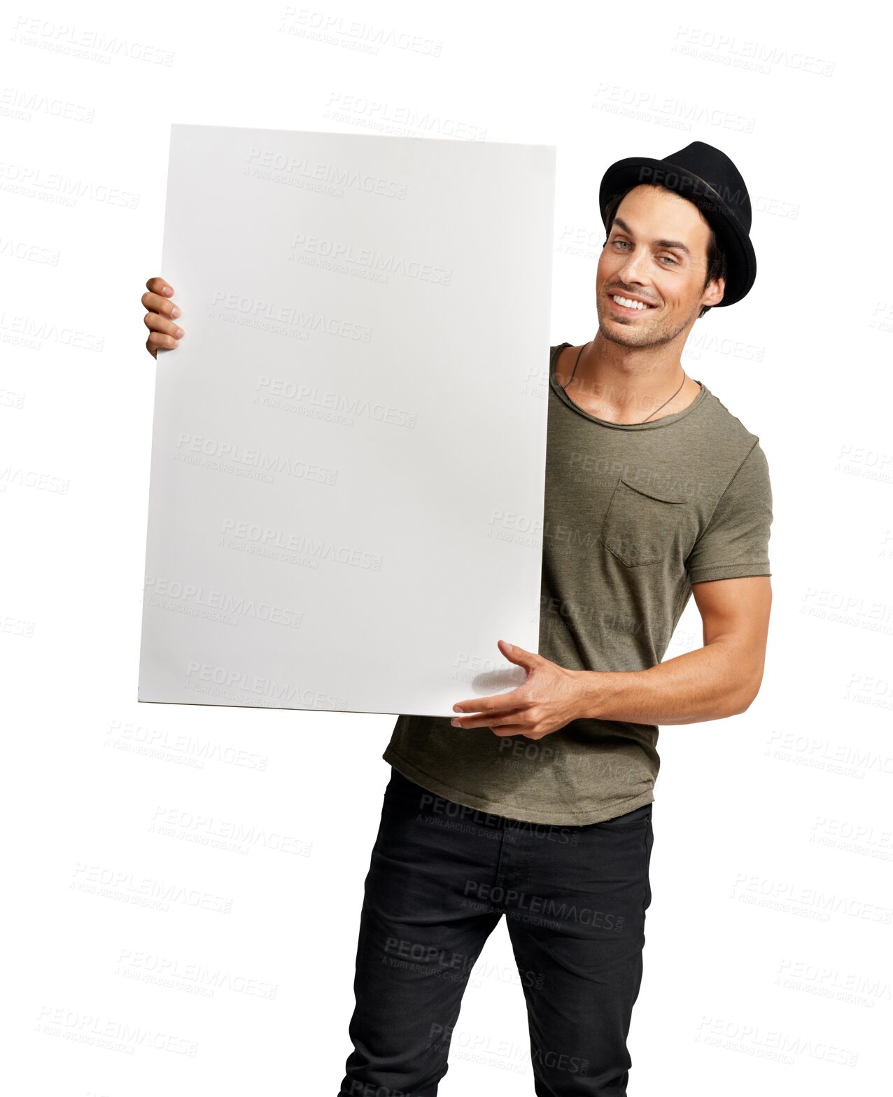 Buy stock photo Happy man, portrait and standing with billboard for advertising isolated on a transparent PNG background. Male person or young model in casual clothing with poster, sign or placard for advertisement