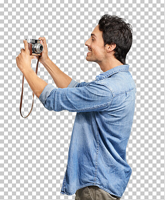 Buy stock photo Isolated man, retro camera selfie and smile for photography, blog or scrapbook by transparent png background. Young photographer guy, student or vintage tech for profile picture, memory or creativity
