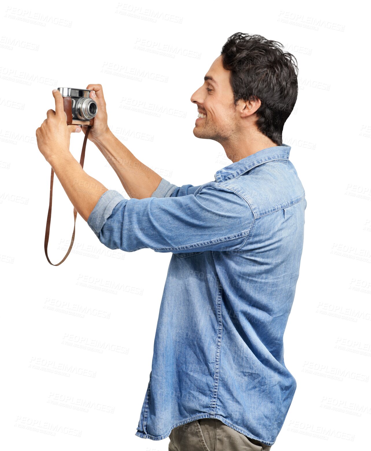 Buy stock photo Isolated man, retro camera selfie and smile for photography, blog or scrapbook by transparent png background. Young photographer guy, student or vintage tech for profile picture, memory or creativity