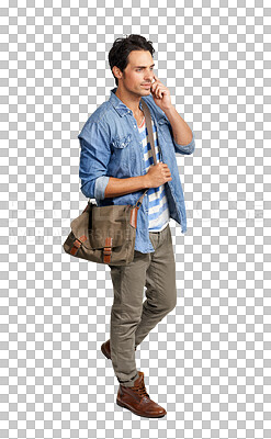 Buy stock photo Man, phone call and communication with conversation and contact isolated on png transparent background. Male person in casual clothes, walking and talking with chat on mobile, network and connection