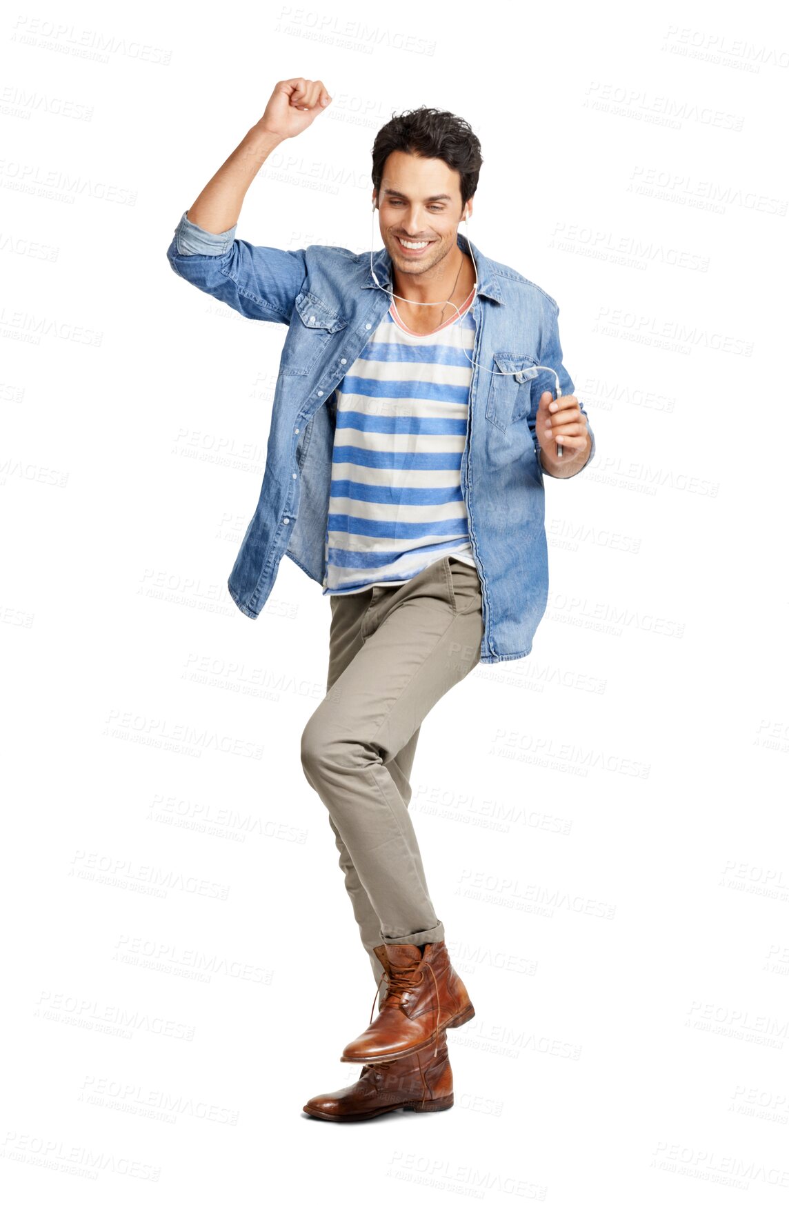 Buy stock photo Man, happy dancing and listening to music with energy, joy or freedom on transparent or png background. Earphones, dance and person with excitement, happiness and time to relax or enjoy sound