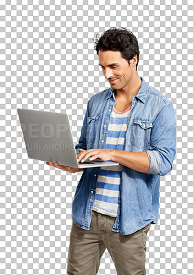 Buy stock photo Laptop, happy and a man typing on internet isolated on a transparent, png background. Male IT technician person with computer or technology for programming, social media or typing cybersecurity email