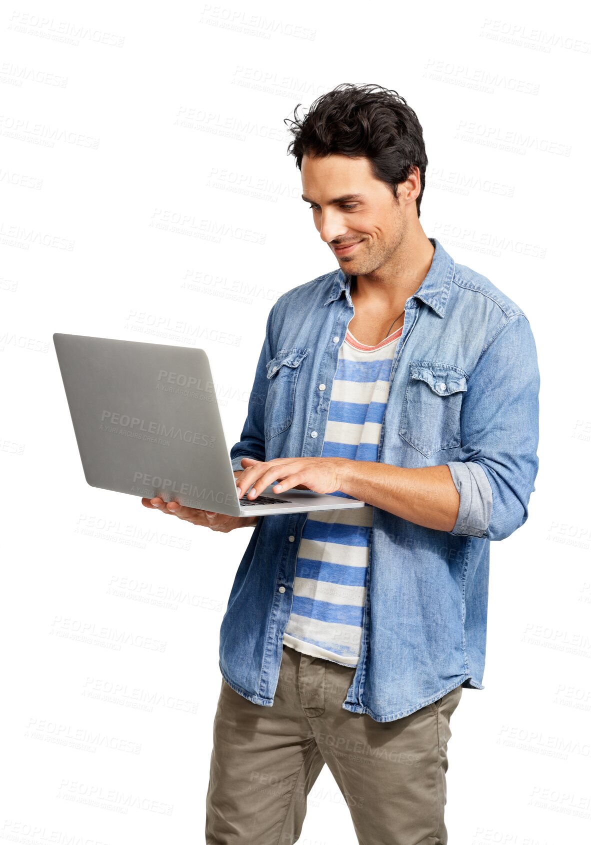 Buy stock photo Laptop, happy and a man typing on internet isolated on a transparent, png background. Male IT technician person with computer or technology for programming, social media or typing cybersecurity email