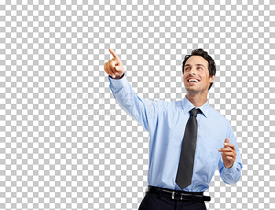 Buy stock photo Business man, happy and pointing, show or presentation isolated on transparent png background for opportunity. Press, gesture or marketing of corporate or professional person with news or information