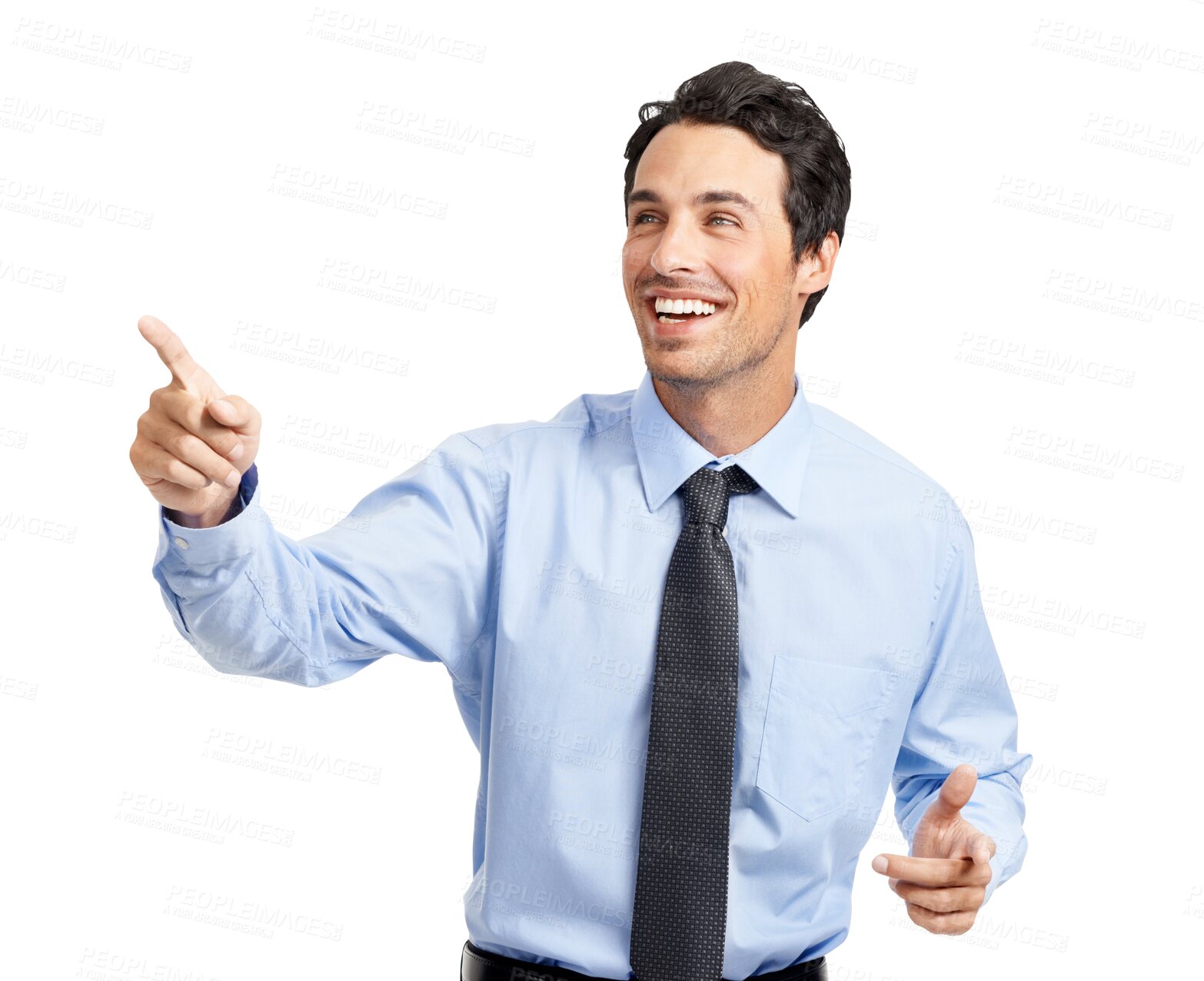 Buy stock photo Information, pointing and decision with a business man isolated on a transparent background to vote on an option. Hand, happy or smile with a male employee on PNG for the presentation of a product