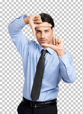 Buy stock photo Businessman, portrait and hands to frame vision, goals or focus on perspective on isolated, transparent or png background. Man, business worker or person with inspiration, idea and framing future