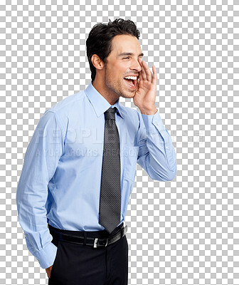 Buy stock photo Happy, shouting and a businessman with a corporate secret, law gossip and communication about career. Voice, hello and a young lawyer screaming a rumor isolated on a transparent png background