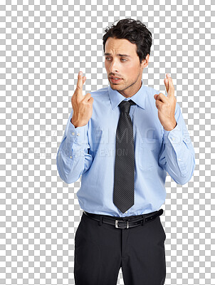 Buy stock photo Business, fingers crossed and man with hope, stress or consultant isolated against a transparent background. Male person, employee and agent with hand gesture, worried for luck and anxious on png 