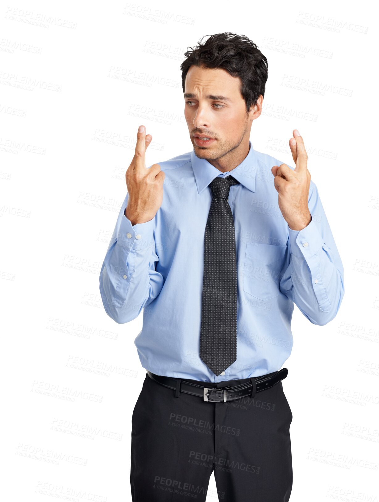 Buy stock photo Business, fingers crossed and man with hope, stress or consultant isolated against a transparent background. Male person, employee and agent with hand gesture, worried for luck and anxious on png 