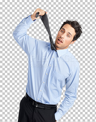 Buy stock photo Business, choke and man with stress, tie and overwhelmed consultant isolated against a transparent background. Male person, employee and entrepreneur choking with anxiety, debt or png with depression