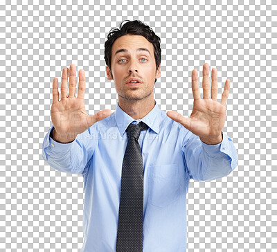 Buy stock photo Portrait, stop and hands with a business man isolated on a transparent background to gesture no or rejection. Corporate, angry and warning with a frustrated male employee showing his palm on PNG
