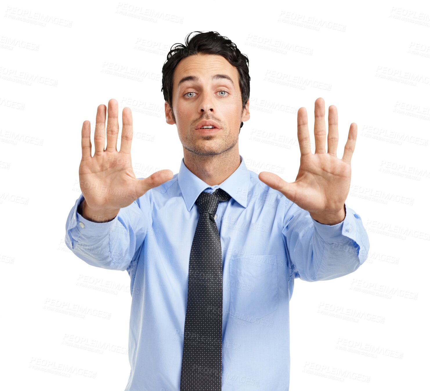 Buy stock photo Portrait, stop and hands with a business man isolated on a transparent background to gesture no or rejection. Corporate, angry and warning with a frustrated male employee showing his palm on PNG