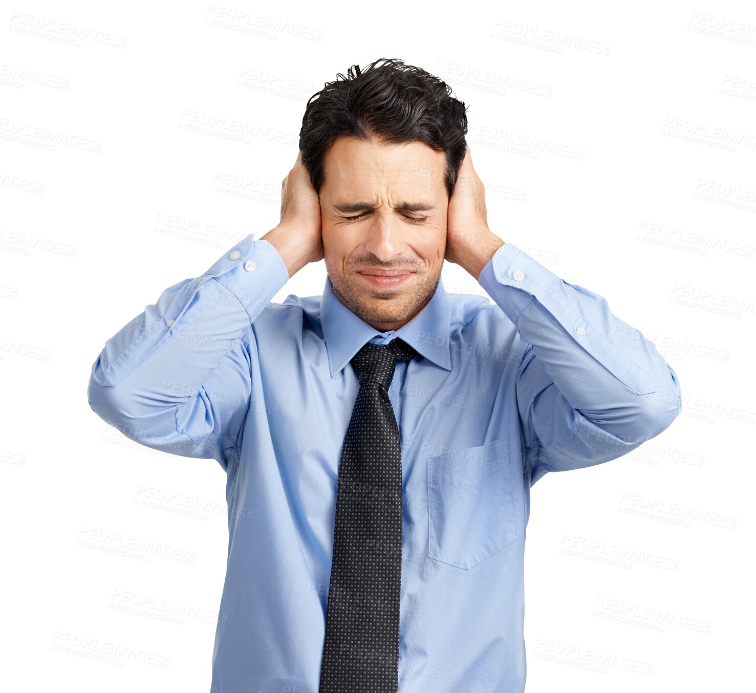 Buy stock photo Noise, business man and covering ears isolated on a transparent png background. Stress, headache and person cover ear for silence, loud sound or anger, tinnitus pain and frustrated with deaf problem.