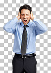  A frustrated businessman yelling while covering his ears isolated on a png background